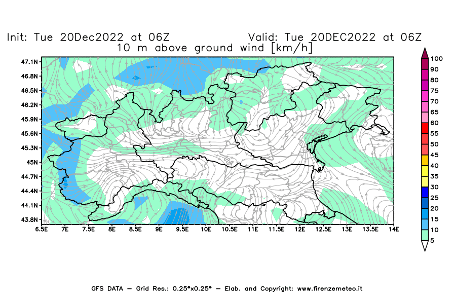 Mappa di analisi GFS - Velocità del vento a 10 metri dal suolo [km/h] in Nord-Italia
							del 20/12/2022 06 <!--googleoff: index-->UTC<!--googleon: index-->