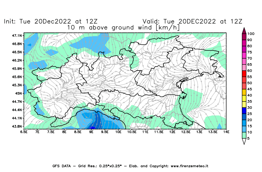 Mappa di analisi GFS - Velocità del vento a 10 metri dal suolo [km/h] in Nord-Italia
							del 20/12/2022 12 <!--googleoff: index-->UTC<!--googleon: index-->