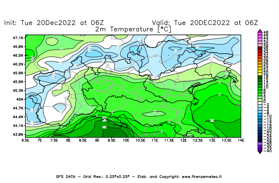 Mappa di analisi GFS - Temperatura a 2 metri dal suolo [°C] in Nord-Italia
							del 20/12/2022 06 <!--googleoff: index-->UTC<!--googleon: index-->