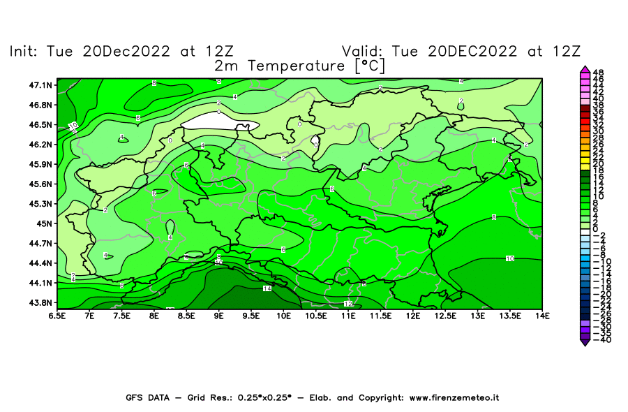Mappa di analisi GFS - Temperatura a 2 metri dal suolo [°C] in Nord-Italia
							del 20/12/2022 12 <!--googleoff: index-->UTC<!--googleon: index-->