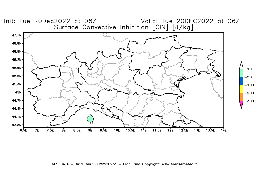 Mappa di analisi GFS - CIN [J/kg] in Nord-Italia
							del 20/12/2022 06 <!--googleoff: index-->UTC<!--googleon: index-->