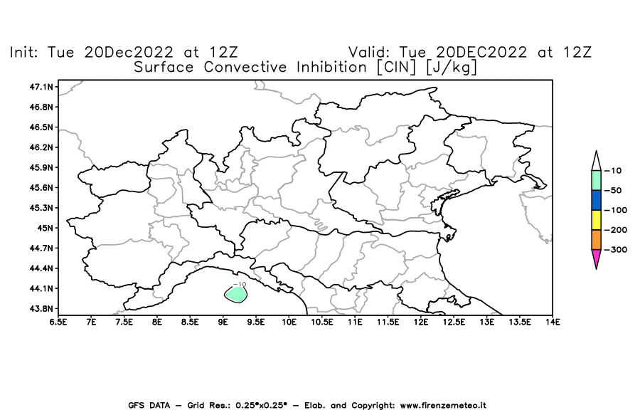 Mappa di analisi GFS - CIN [J/kg] in Nord-Italia
							del 20/12/2022 12 <!--googleoff: index-->UTC<!--googleon: index-->