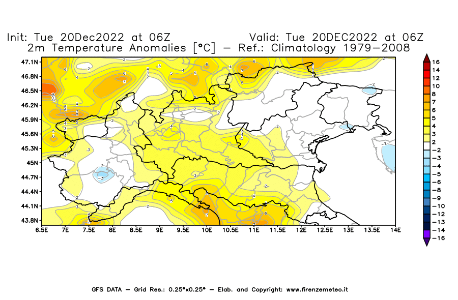 Mappa di analisi GFS - Anomalia Temperatura [°C] a 2 m in Nord-Italia
							del 20/12/2022 06 <!--googleoff: index-->UTC<!--googleon: index-->