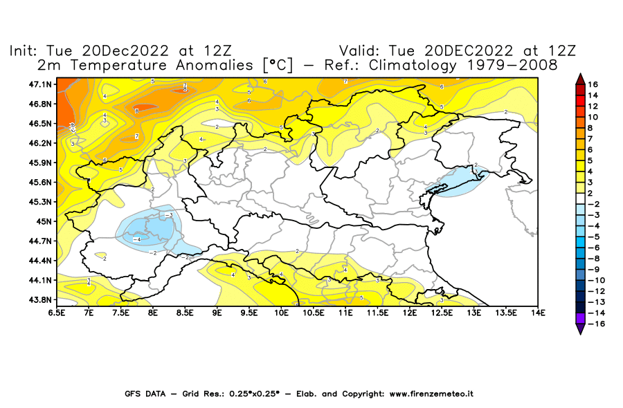 Mappa di analisi GFS - Anomalia Temperatura [°C] a 2 m in Nord-Italia
							del 20/12/2022 12 <!--googleoff: index-->UTC<!--googleon: index-->
