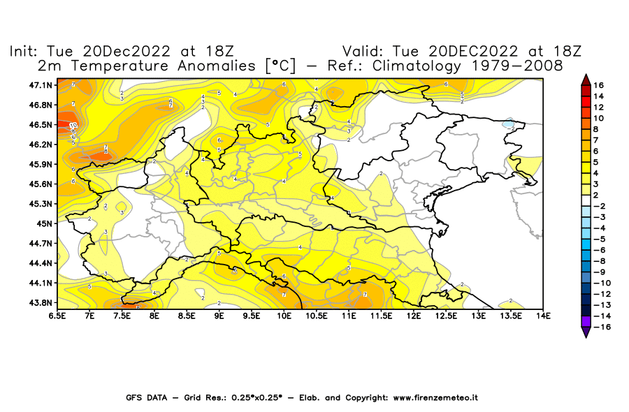 Mappa di analisi GFS - Anomalia Temperatura [°C] a 2 m in Nord-Italia
							del 20/12/2022 18 <!--googleoff: index-->UTC<!--googleon: index-->
