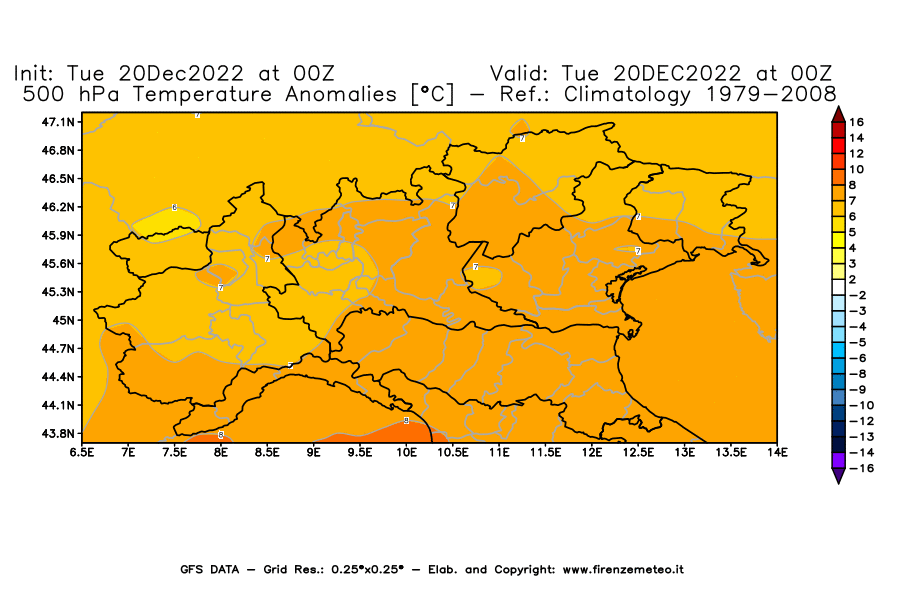 Mappa di analisi GFS - Anomalia Temperatura [°C] a 500 hPa in Nord-Italia
							del 20/12/2022 00 <!--googleoff: index-->UTC<!--googleon: index-->