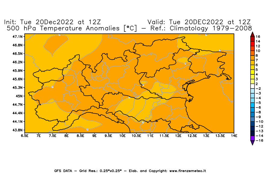 Mappa di analisi GFS - Anomalia Temperatura [°C] a 500 hPa in Nord-Italia
							del 20/12/2022 12 <!--googleoff: index-->UTC<!--googleon: index-->