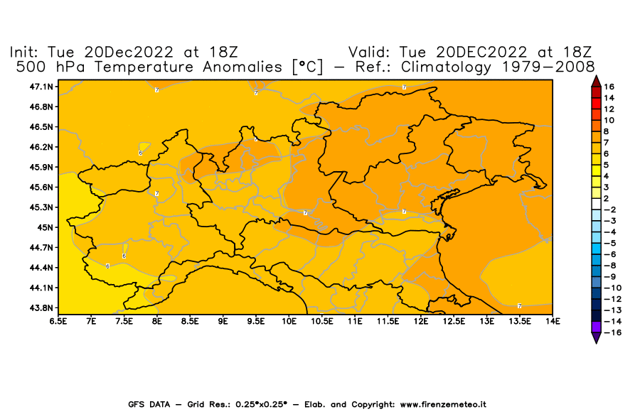 Mappa di analisi GFS - Anomalia Temperatura [°C] a 500 hPa in Nord-Italia
							del 20/12/2022 18 <!--googleoff: index-->UTC<!--googleon: index-->