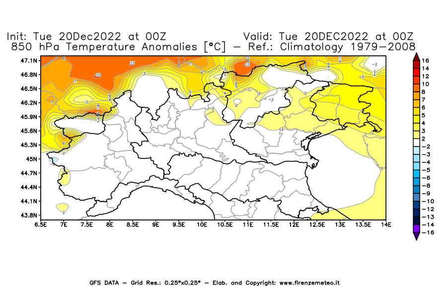 Mappa di analisi GFS - Anomalia Temperatura [°C] a 850 hPa in Nord-Italia
							del 20/12/2022 00 <!--googleoff: index-->UTC<!--googleon: index-->