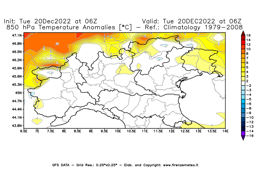 Mappa di analisi GFS - Anomalia Temperatura [°C] a 850 hPa in Nord-Italia
							del 20/12/2022 06 <!--googleoff: index-->UTC<!--googleon: index-->