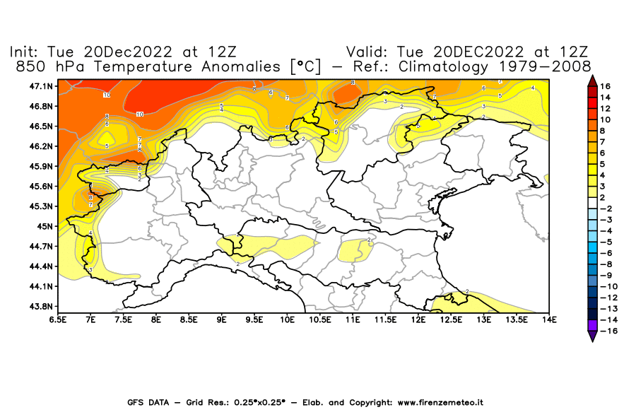 Mappa di analisi GFS - Anomalia Temperatura [°C] a 850 hPa in Nord-Italia
							del 20/12/2022 12 <!--googleoff: index-->UTC<!--googleon: index-->