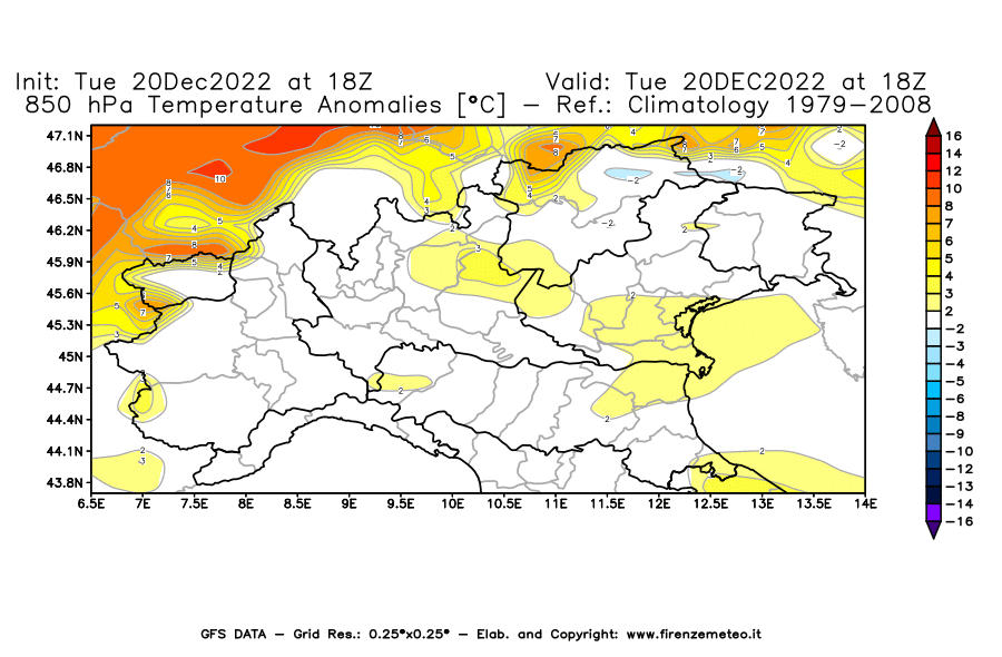 Mappa di analisi GFS - Anomalia Temperatura [°C] a 850 hPa in Nord-Italia
							del 20/12/2022 18 <!--googleoff: index-->UTC<!--googleon: index-->