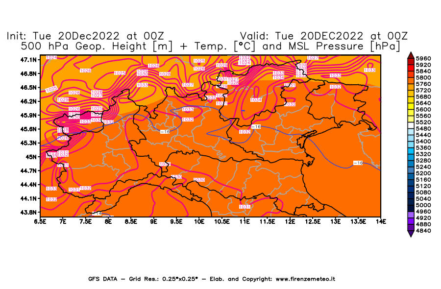 Mappa di analisi GFS - Geopotenziale [m] + Temp. [°C] a 500 hPa + Press. a livello del mare [hPa] in Nord-Italia
							del 20/12/2022 00 <!--googleoff: index-->UTC<!--googleon: index-->