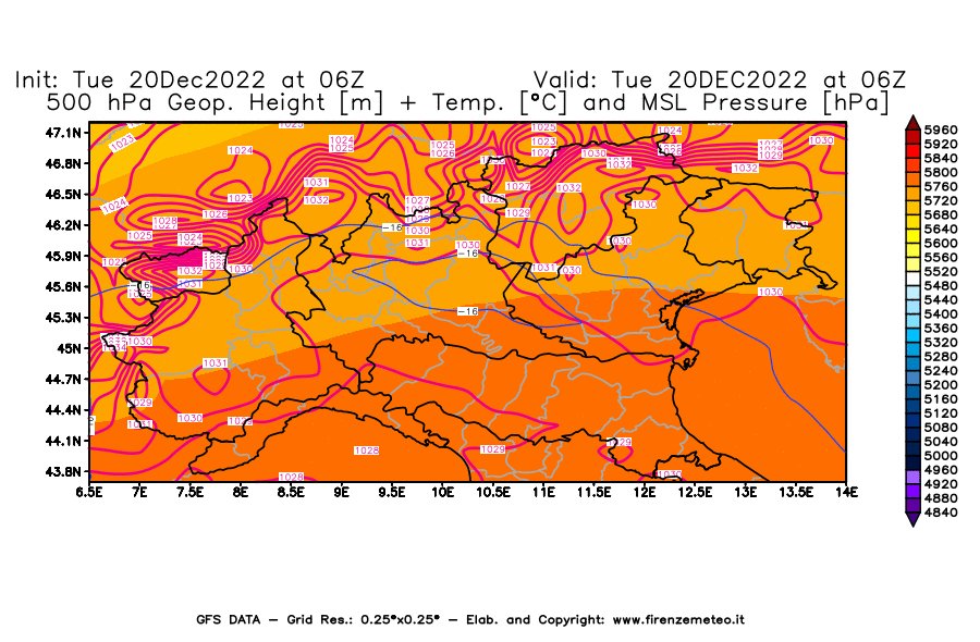 Mappa di analisi GFS - Geopotenziale [m] + Temp. [°C] a 500 hPa + Press. a livello del mare [hPa] in Nord-Italia
							del 20/12/2022 06 <!--googleoff: index-->UTC<!--googleon: index-->