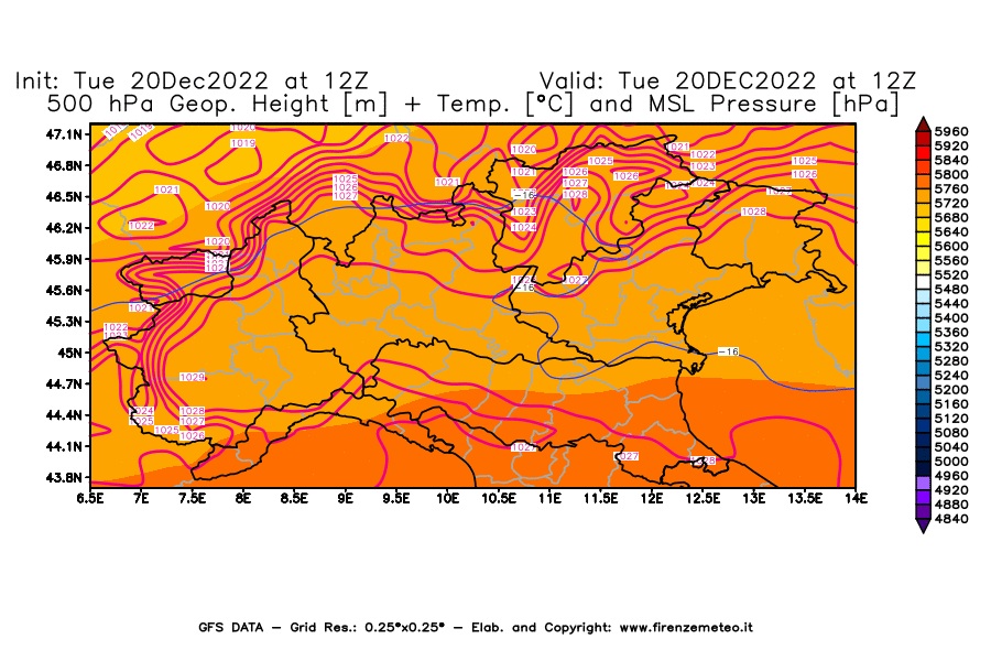 Mappa di analisi GFS - Geopotenziale [m] + Temp. [°C] a 500 hPa + Press. a livello del mare [hPa] in Nord-Italia
							del 20/12/2022 12 <!--googleoff: index-->UTC<!--googleon: index-->