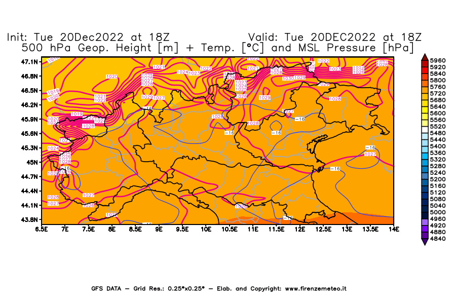 Mappa di analisi GFS - Geopotenziale [m] + Temp. [°C] a 500 hPa + Press. a livello del mare [hPa] in Nord-Italia
							del 20/12/2022 18 <!--googleoff: index-->UTC<!--googleon: index-->