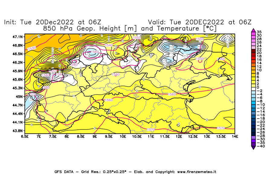 Mappa di analisi GFS - Geopotenziale [m] e Temperatura [°C] a 850 hPa in Nord-Italia
							del 20/12/2022 06 <!--googleoff: index-->UTC<!--googleon: index-->