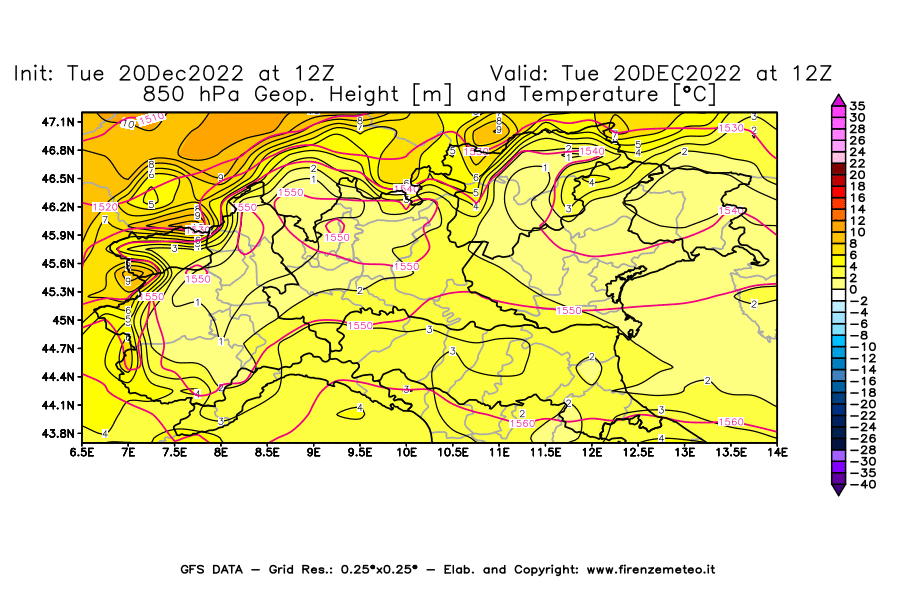 Mappa di analisi GFS - Geopotenziale [m] e Temperatura [°C] a 850 hPa in Nord-Italia
							del 20/12/2022 12 <!--googleoff: index-->UTC<!--googleon: index-->