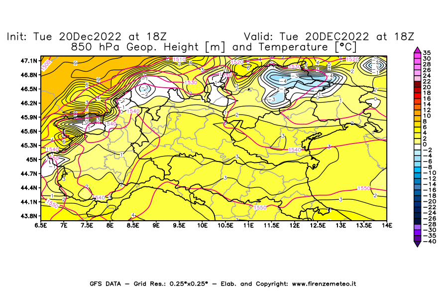 Mappa di analisi GFS - Geopotenziale [m] e Temperatura [°C] a 850 hPa in Nord-Italia
							del 20/12/2022 18 <!--googleoff: index-->UTC<!--googleon: index-->