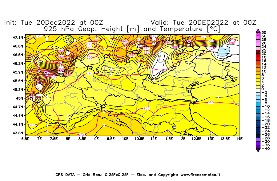 Mappa di analisi GFS - Geopotenziale [m] e Temperatura [°C] a 925 hPa in Nord-Italia
							del 20/12/2022 00 <!--googleoff: index-->UTC<!--googleon: index-->