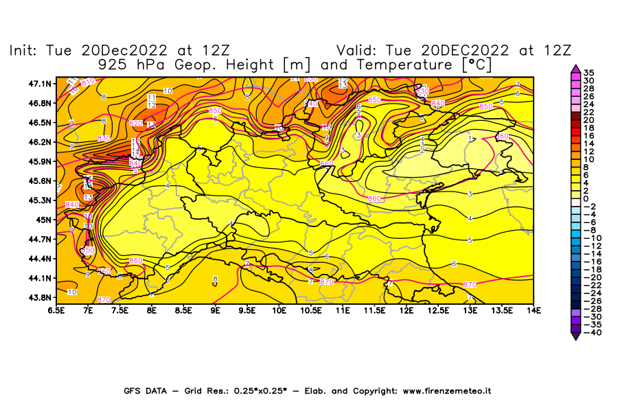 Mappa di analisi GFS - Geopotenziale [m] e Temperatura [°C] a 925 hPa in Nord-Italia
							del 20/12/2022 12 <!--googleoff: index-->UTC<!--googleon: index-->