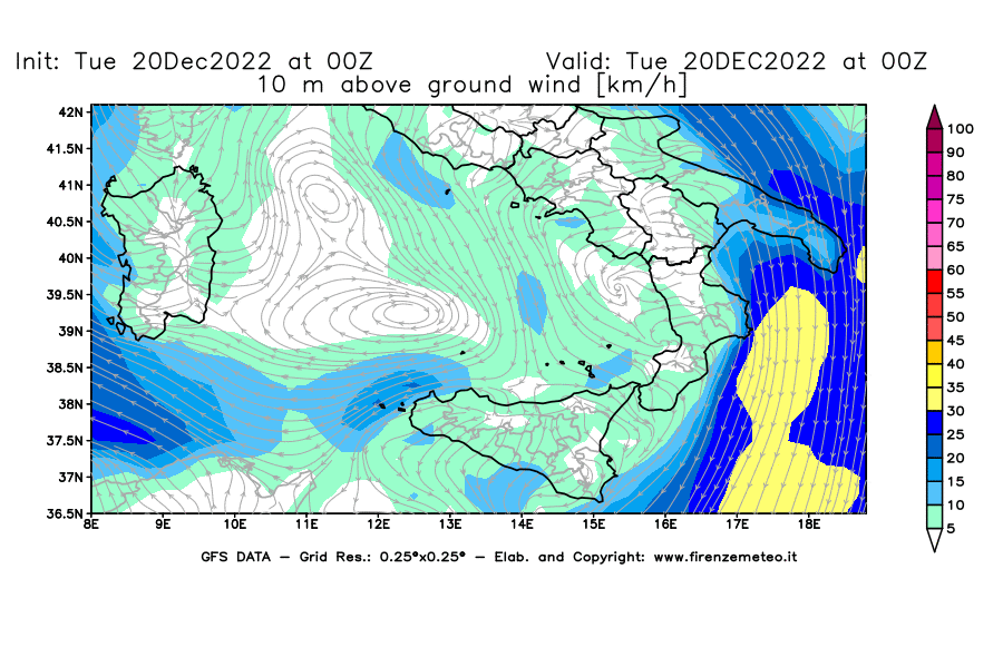 Mappa di analisi GFS - Velocità del vento a 10 metri dal suolo [km/h] in Sud-Italia
							del 20/12/2022 00 <!--googleoff: index-->UTC<!--googleon: index-->