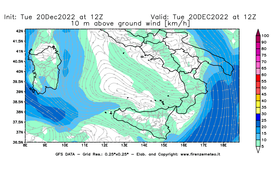 Mappa di analisi GFS - Velocità del vento a 10 metri dal suolo [km/h] in Sud-Italia
							del 20/12/2022 12 <!--googleoff: index-->UTC<!--googleon: index-->