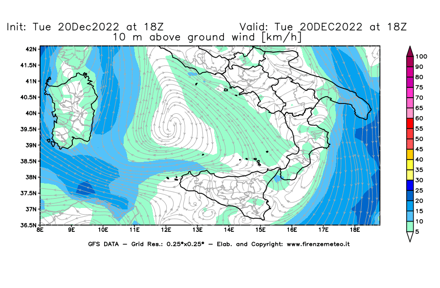 Mappa di analisi GFS - Velocità del vento a 10 metri dal suolo [km/h] in Sud-Italia
							del 20/12/2022 18 <!--googleoff: index-->UTC<!--googleon: index-->
