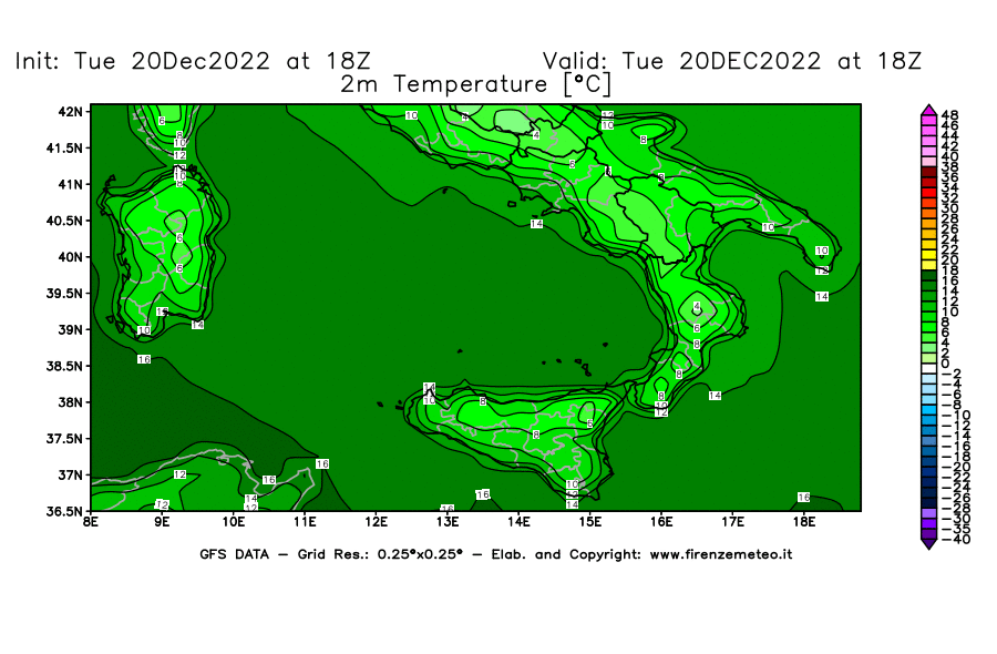 Mappa di analisi GFS - Temperatura a 2 metri dal suolo [°C] in Sud-Italia
							del 20/12/2022 18 <!--googleoff: index-->UTC<!--googleon: index-->