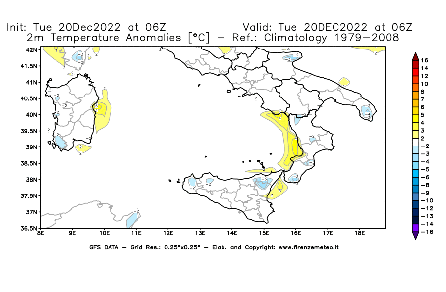Mappa di analisi GFS - Anomalia Temperatura [°C] a 2 m in Sud-Italia
							del 20/12/2022 06 <!--googleoff: index-->UTC<!--googleon: index-->