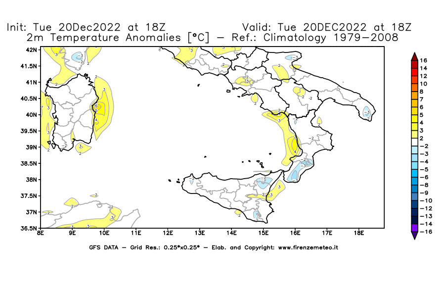 Mappa di analisi GFS - Anomalia Temperatura [°C] a 2 m in Sud-Italia
							del 20/12/2022 18 <!--googleoff: index-->UTC<!--googleon: index-->