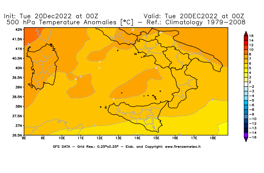 Mappa di analisi GFS - Anomalia Temperatura [°C] a 500 hPa in Sud-Italia
							del 20/12/2022 00 <!--googleoff: index-->UTC<!--googleon: index-->