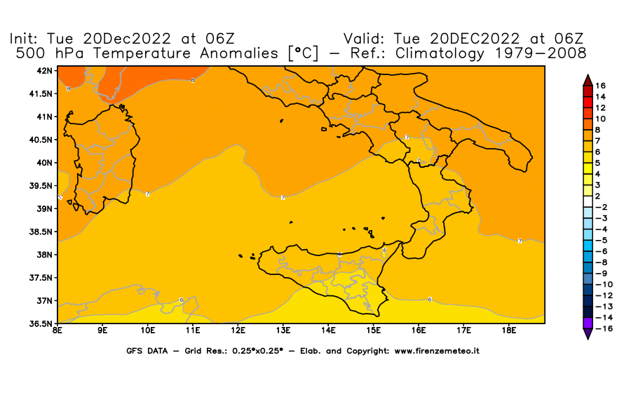 Mappa di analisi GFS - Anomalia Temperatura [°C] a 500 hPa in Sud-Italia
							del 20/12/2022 06 <!--googleoff: index-->UTC<!--googleon: index-->