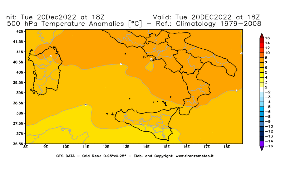Mappa di analisi GFS - Anomalia Temperatura [°C] a 500 hPa in Sud-Italia
							del 20/12/2022 18 <!--googleoff: index-->UTC<!--googleon: index-->