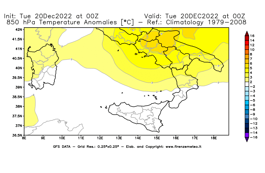 Mappa di analisi GFS - Anomalia Temperatura [°C] a 850 hPa in Sud-Italia
							del 20/12/2022 00 <!--googleoff: index-->UTC<!--googleon: index-->