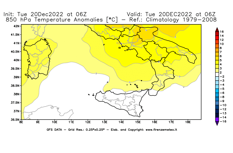 Mappa di analisi GFS - Anomalia Temperatura [°C] a 850 hPa in Sud-Italia
							del 20/12/2022 06 <!--googleoff: index-->UTC<!--googleon: index-->