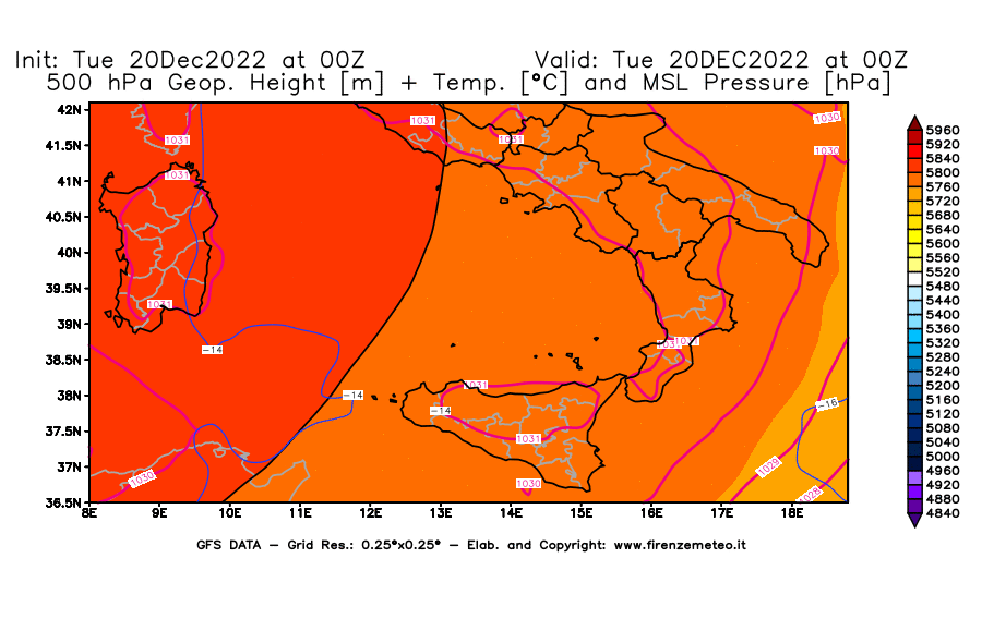 Mappa di analisi GFS - Geopotenziale [m] + Temp. [°C] a 500 hPa + Press. a livello del mare [hPa] in Sud-Italia
							del 20/12/2022 00 <!--googleoff: index-->UTC<!--googleon: index-->