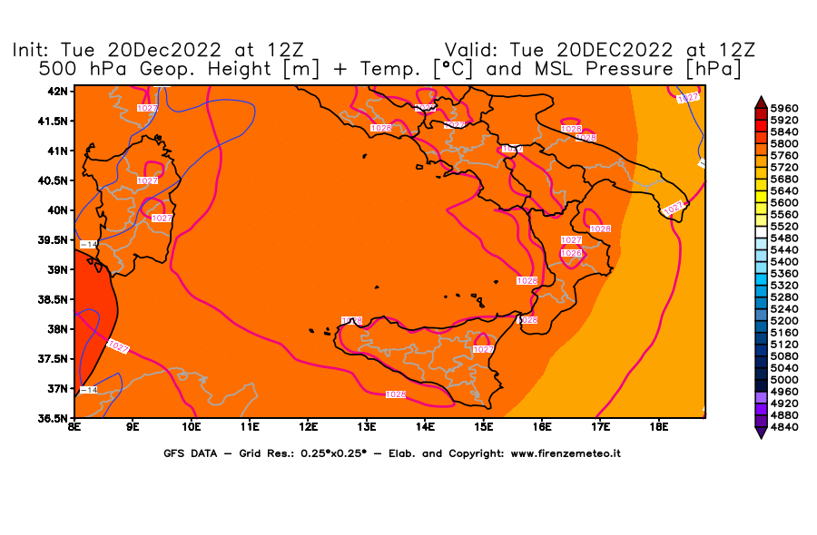 Mappa di analisi GFS - Geopotenziale [m] + Temp. [°C] a 500 hPa + Press. a livello del mare [hPa] in Sud-Italia
							del 20/12/2022 12 <!--googleoff: index-->UTC<!--googleon: index-->