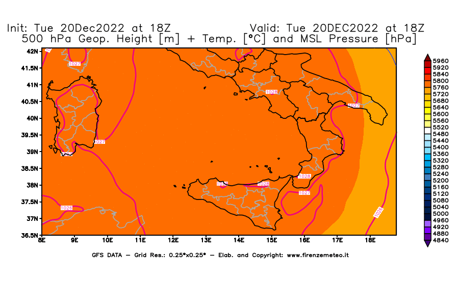 Mappa di analisi GFS - Geopotenziale [m] + Temp. [°C] a 500 hPa + Press. a livello del mare [hPa] in Sud-Italia
							del 20/12/2022 18 <!--googleoff: index-->UTC<!--googleon: index-->