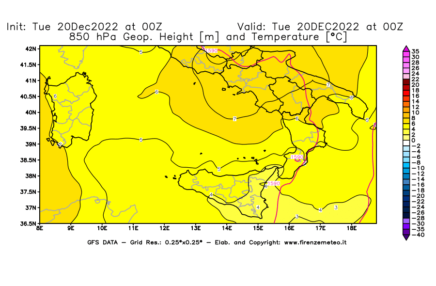 Mappa di analisi GFS - Geopotenziale [m] e Temperatura [°C] a 850 hPa in Sud-Italia
							del 20/12/2022 00 <!--googleoff: index-->UTC<!--googleon: index-->