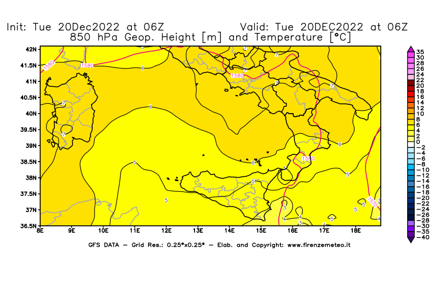 Mappa di analisi GFS - Geopotenziale [m] e Temperatura [°C] a 850 hPa in Sud-Italia
							del 20/12/2022 06 <!--googleoff: index-->UTC<!--googleon: index-->