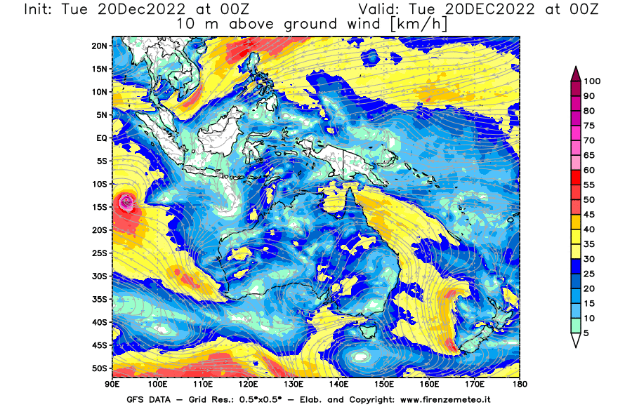 Mappa di analisi GFS - Velocità del vento a 10 metri dal suolo [km/h] in Oceania
							del 20/12/2022 00 <!--googleoff: index-->UTC<!--googleon: index-->