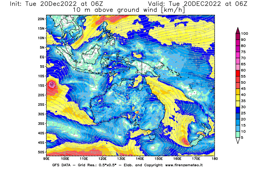 Mappa di analisi GFS - Velocità del vento a 10 metri dal suolo [km/h] in Oceania
							del 20/12/2022 06 <!--googleoff: index-->UTC<!--googleon: index-->