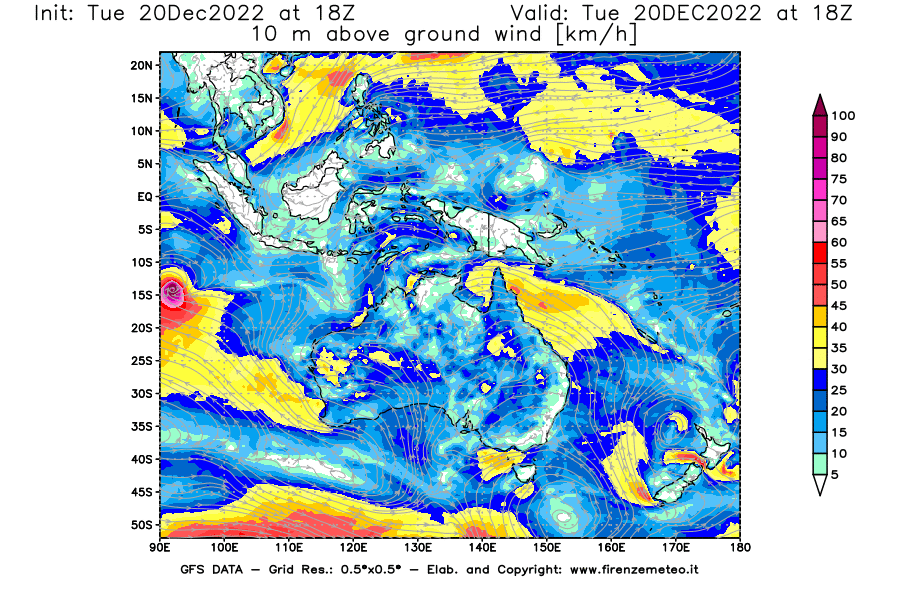 Mappa di analisi GFS - Velocità del vento a 10 metri dal suolo [km/h] in Oceania
							del 20/12/2022 18 <!--googleoff: index-->UTC<!--googleon: index-->