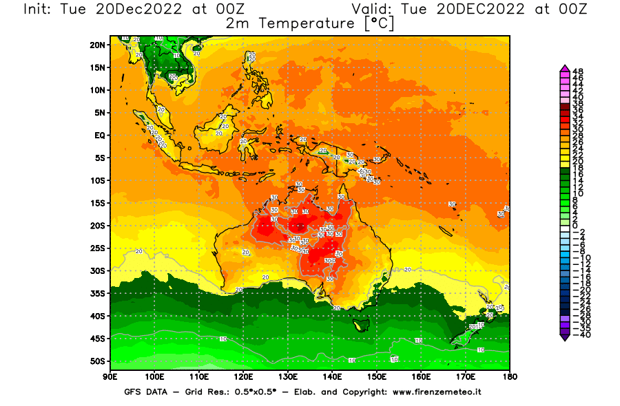 Mappa di analisi GFS - Temperatura a 2 metri dal suolo [°C] in Oceania
							del 20/12/2022 00 <!--googleoff: index-->UTC<!--googleon: index-->