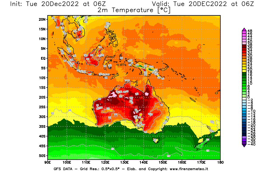 Mappa di analisi GFS - Temperatura a 2 metri dal suolo [°C] in Oceania
							del 20/12/2022 06 <!--googleoff: index-->UTC<!--googleon: index-->