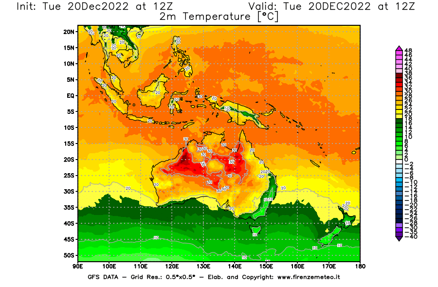 Mappa di analisi GFS - Temperatura a 2 metri dal suolo [°C] in Oceania
							del 20/12/2022 12 <!--googleoff: index-->UTC<!--googleon: index-->