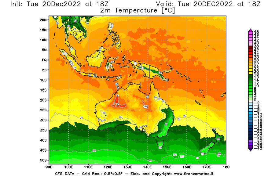 Mappa di analisi GFS - Temperatura a 2 metri dal suolo [°C] in Oceania
							del 20/12/2022 18 <!--googleoff: index-->UTC<!--googleon: index-->