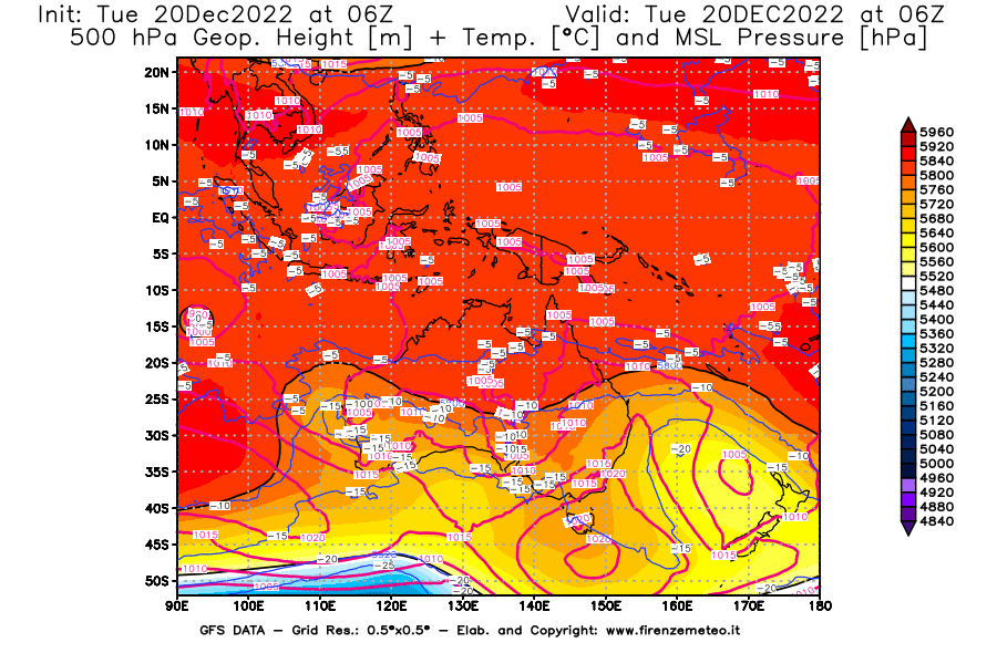 Mappa di analisi GFS - Geopotenziale [m] + Temp. [°C] a 500 hPa + Press. a livello del mare [hPa] in Oceania
							del 20/12/2022 06 <!--googleoff: index-->UTC<!--googleon: index-->