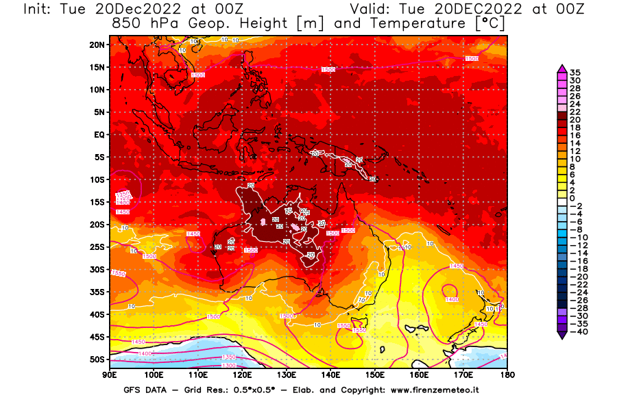 Mappa di analisi GFS - Geopotenziale [m] e Temperatura [°C] a 850 hPa in Oceania
							del 20/12/2022 00 <!--googleoff: index-->UTC<!--googleon: index-->